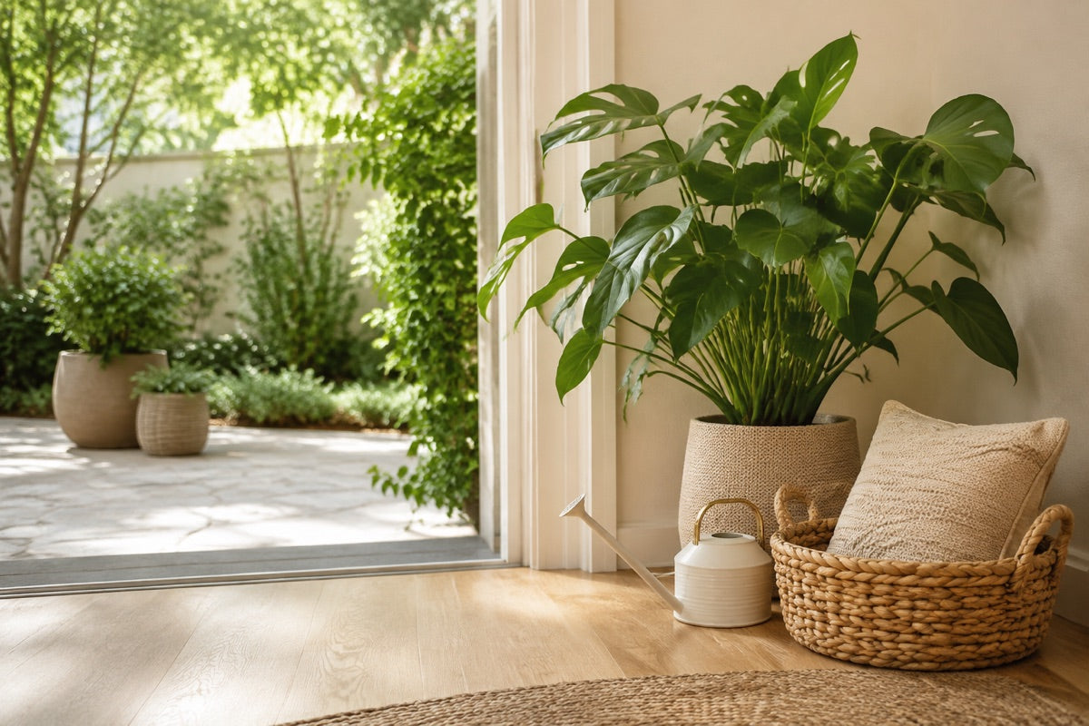 A sunny corner with houseplants and woven baskets