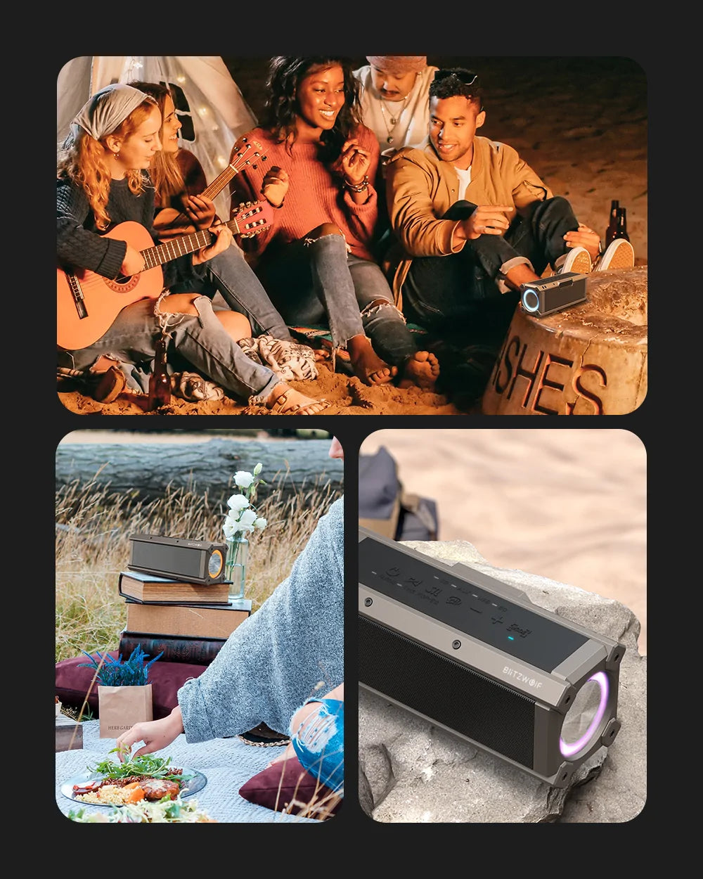 Original BW-WA3 lifestyle photographs showing outdoor listening and physical controls