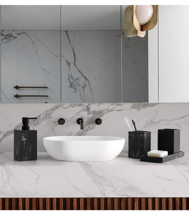 4-Piece Marble-Pattern Resin Bathroom Set — Lotion/Soap Dispenser, Toothbrush Holder, Tumbler & Tray (Black or White)