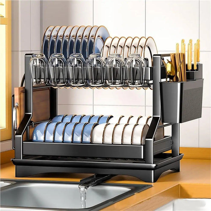 2-Tier Dish Drying Rack with Drainboard and Utensil Holder — Carbon Steel