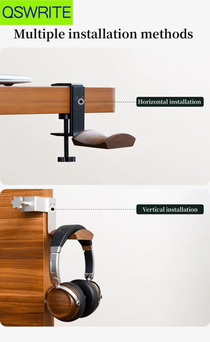 Clip-style Desktop Headphone & Earphone Holder — Aluminium Alloy & Solid Wood