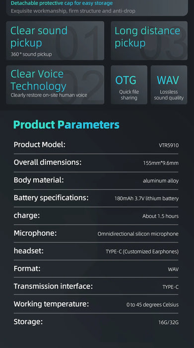 VTR5910 Portable Digital Voice Recorder — One‑click Recording & Replaceable Refills