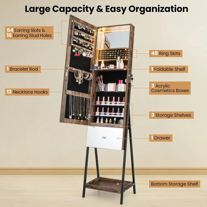 LED Jewellery Cabinet — Freestanding Lockable Armoire with Full-length Mirror & Large Storage
