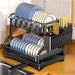 2-Tier Dish Drying Rack with Drainboard and Utensil Holder — Carbon Steel
