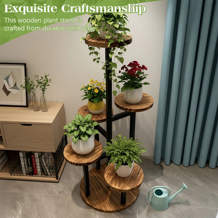 6-Tier Corner Plant Stand – Wood & Metal Display Shelf (Black)