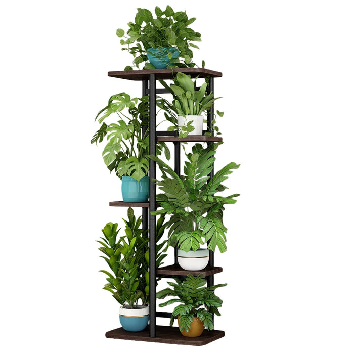 Tall 5-Tier Corner Plant Stand – Metal Frame with Reinforced Wooden Shelves