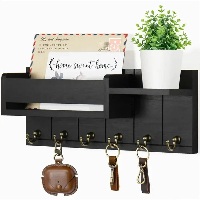 Rustic Wooden Wall Key Holder with Shelf — 6 Hooks & Mail Organiser