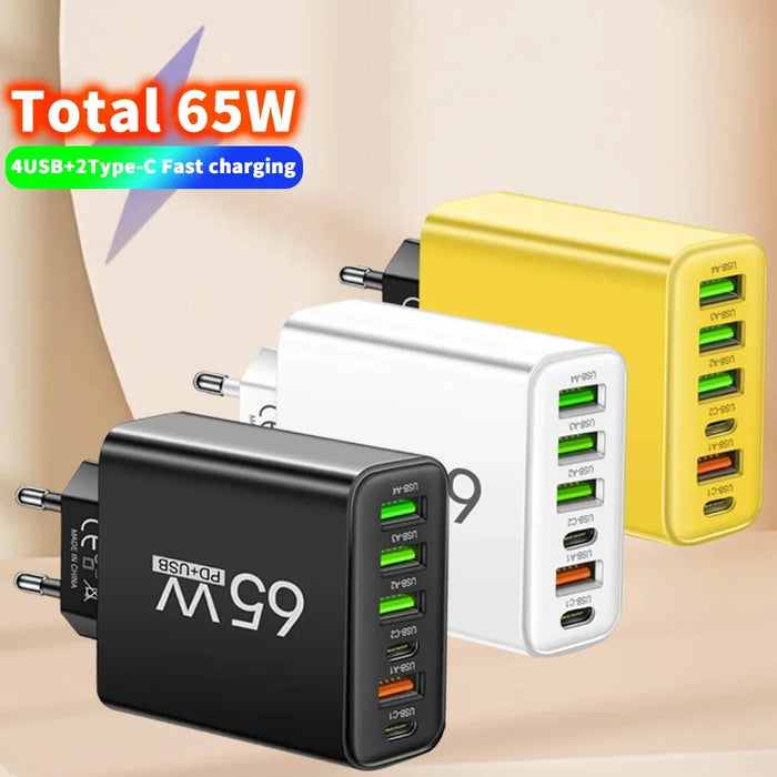 65W 6-Port USB PD Charger – 2x USB‑C PD + 4x USB Fast Wall Charger (EU/US)