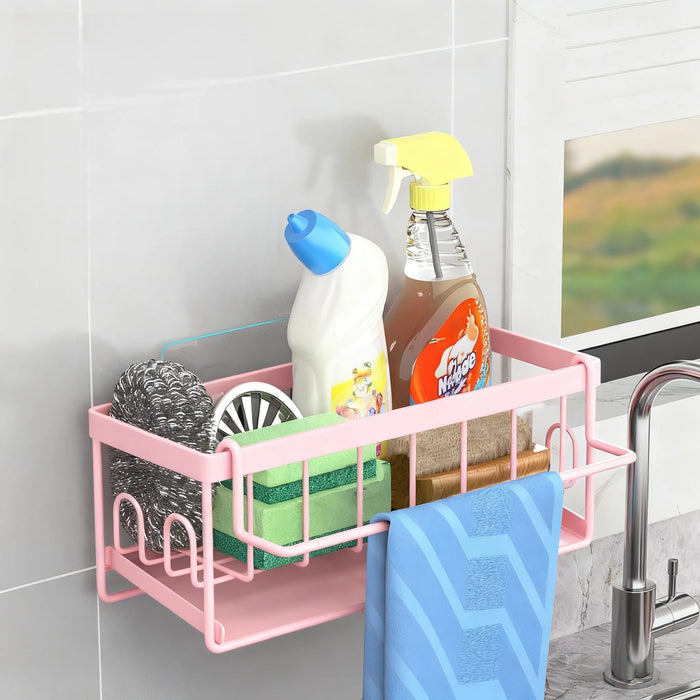 Kitchen Sponge Holder with Removable Rag Rack & Adhesive Mount — Carbon Steel Sink Caddy