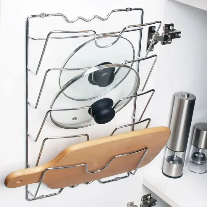Five-Layer Wall-Mounted Pot Lid Rack — Iron Wire, Rust-Free, Silver