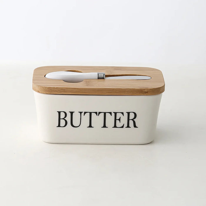 Ceramic Butter & Cheese Storage Box with Bamboo Lid and Knife — 14.8×8.5×6cm