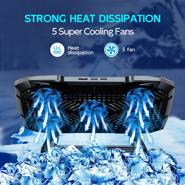Laptop Cooling Pad 12–17 inch — 5 Quiet Fans, Adjustable Angles & Phone Holder