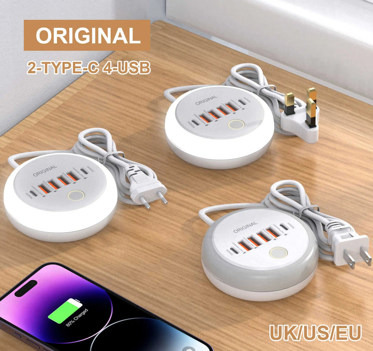 50W 6‑Port USB PD Desktop Charger — 2×USB‑C & 4×USB‑A