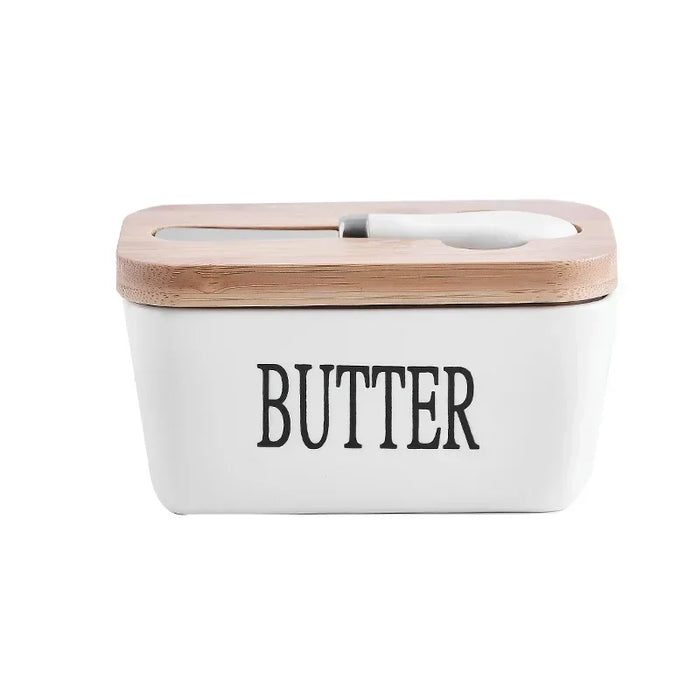 Ceramic Butter Dish with Bamboo Lid & Knife — Square Sealed Butter Box (350/500/650ml)