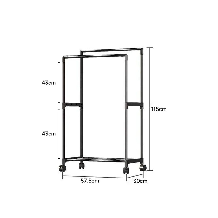 Double‑Rod Mobile Clothes Rack with Wheels — Black Metal