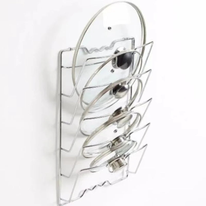 Five-Layer Wall-Mounted Pot Lid Rack — Iron Wire, Rust-Free, Silver