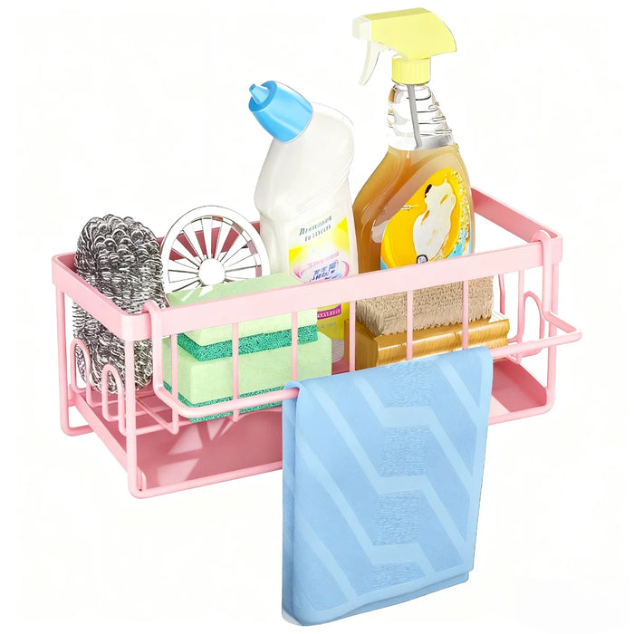 Kitchen Sponge Holder with Removable Rag Rack & Adhesive Mount — Carbon Steel Sink Caddy