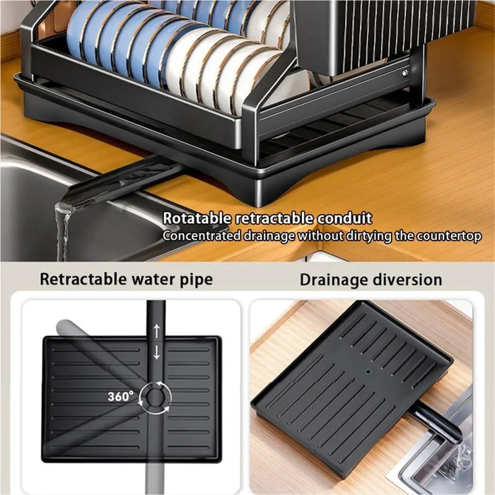 2-Tier Dish Drying Rack with Drainboard and Utensil Holder — Carbon Steel