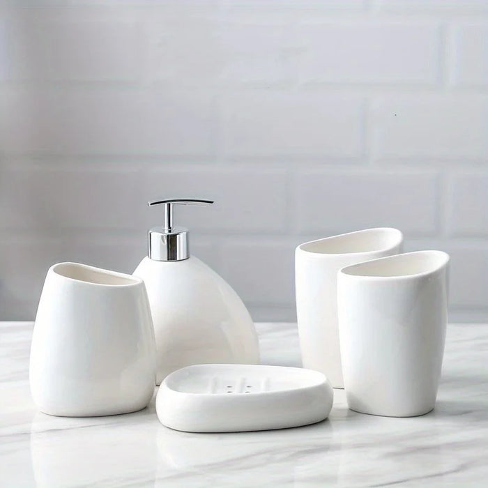 Modern Ceramic Bathroom Accessory Set — 4 or 5 Piece with Pump Dispenser