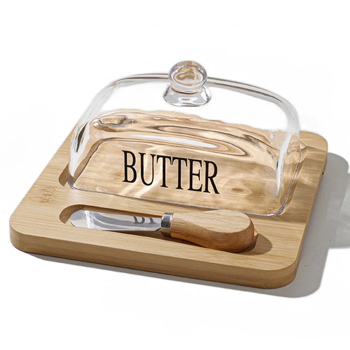 Bamboo Butter Dish with Glass Lid & Cutter — Reusable Butter Storage Case
