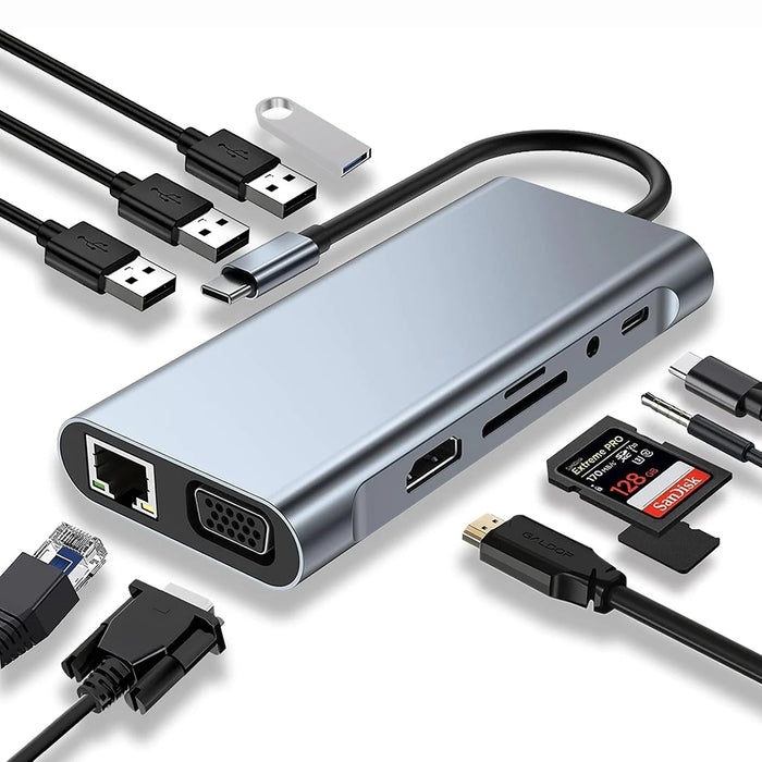 11-in-1 USB-C / Thunderbolt 3 Hub Docking Station with 4K HDMI, VGA, 100Mbps Ethernet, PD 100W, SD/TF, Audio