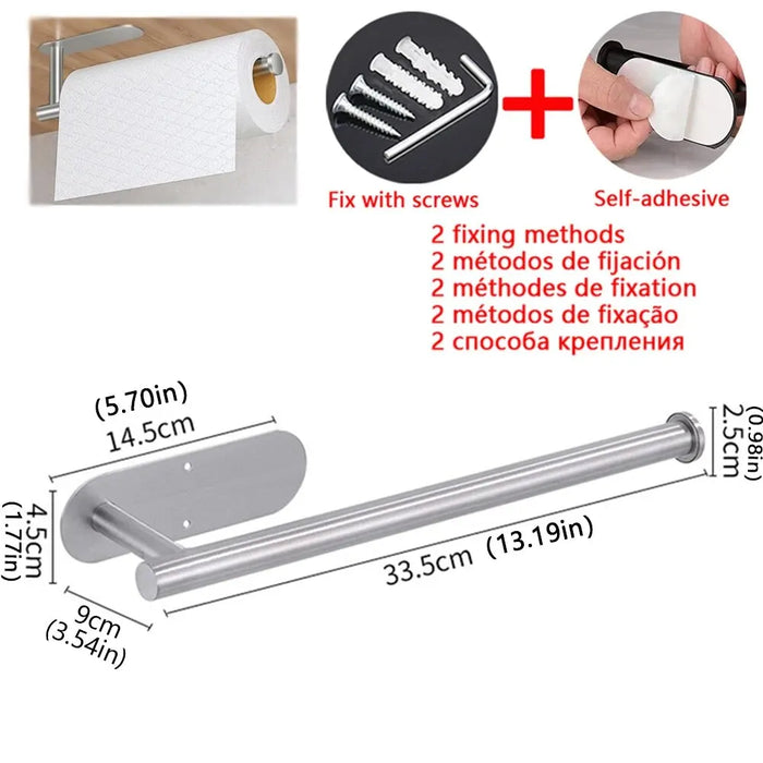 Stainless Steel Paper Towel & Toilet Roll Holder — Adhesive or Screw-Fix