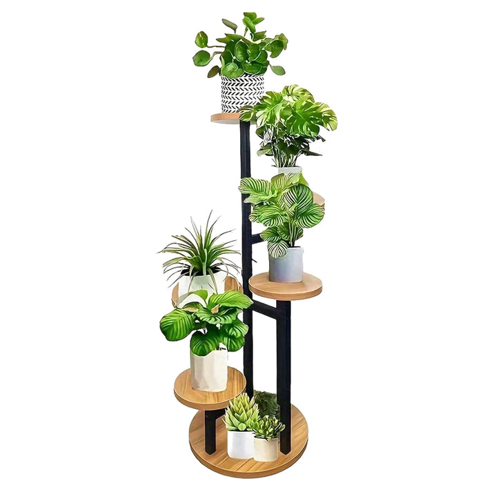6-Tier Corner Plant Stand – Wood & Metal Display Shelf (Black)