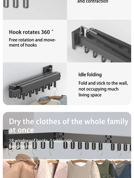 Wall-Mounted Foldable Aluminium Clothes Drying Rack — Ideal for Balcony, Bedroom & Kitchen