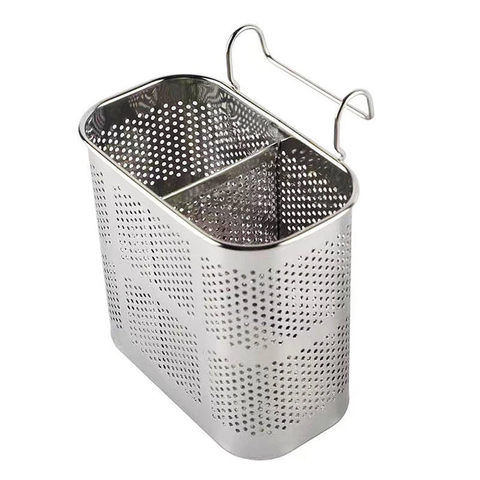 Stainless Steel Cutlery & Chopstick Drainer – 2-Compartment Utensil Holder with Hooks