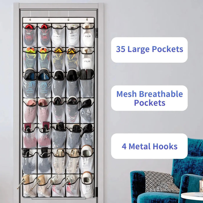 35-Pocket Over-the-Door Shoe Organiser – Breathable Mesh Hanging Storage