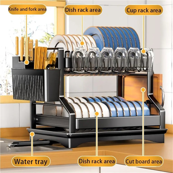 2-Tier Dish Drying Rack with Drainboard and Utensil Holder — Carbon Steel