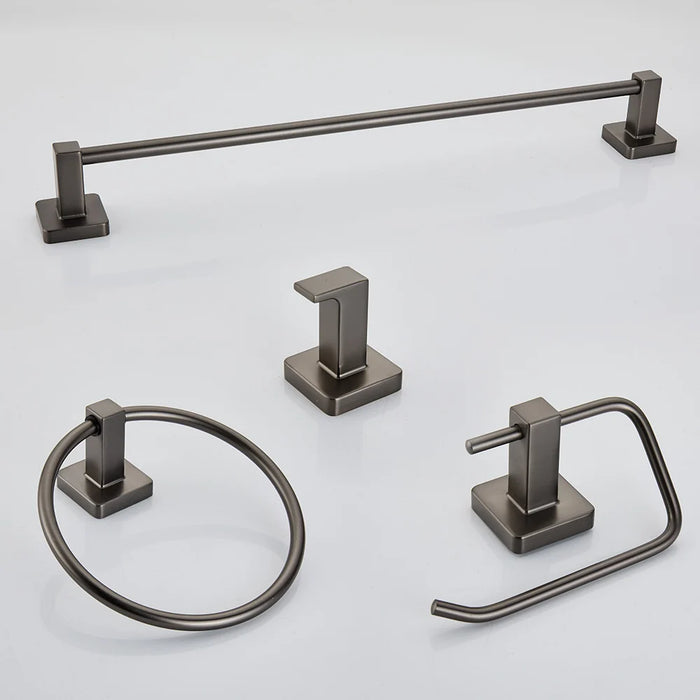 Grey Bathroom Hardware Set — Shelf, 48cm Towel Bar, Towel Ring, Robe Hook & Paper Holder