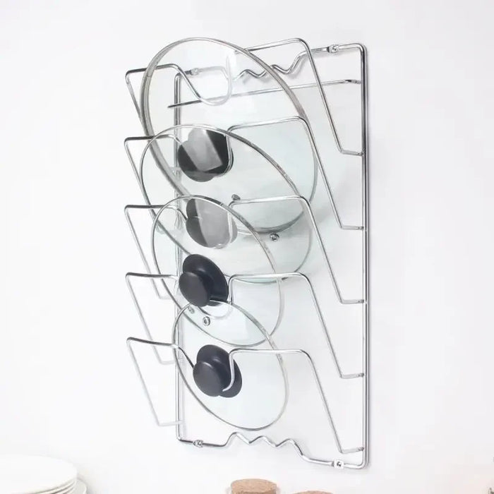 Five-Layer Wall-Mounted Pot Lid Rack — Iron Wire, Rust-Free, Silver