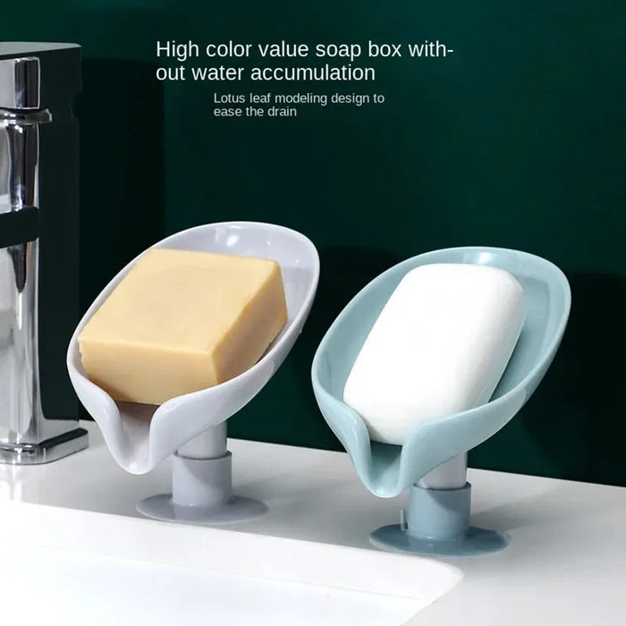 Leaf-Shaped Drain Soap Holder with Suction Cup – Grey Soap Box & Drying Rack (1pc)