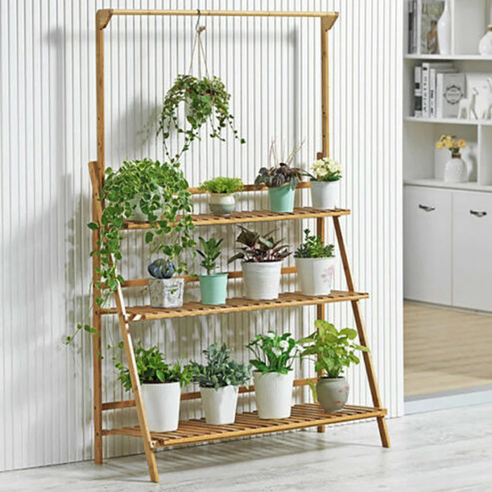 3-Tier Foldable Wooden Ladder Plant Stand with Adjustable Hanging Bar for Home & Outdoor