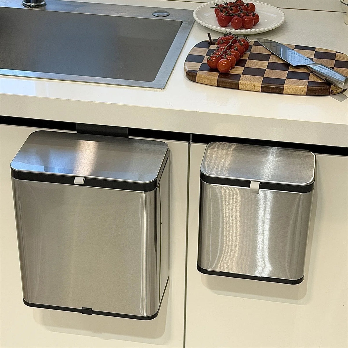 Wall-Mounted Stainless Steel Kitchen Bin — No-Bend-Over, Press-On Lid