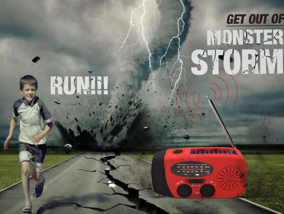 Mini Solar Crank Radio — AM/FM & 7‑Channel NOAA, USB Phone Charger, 3‑LED Torch, Waterproof