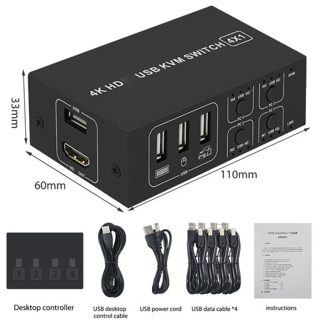 4 Port HDMI KVM Switch 4 in 1 out 4K 60Hz HDMI USB Switch Selector with Desktop Controller for 4 PC Share Monitor Mouse Keyboard