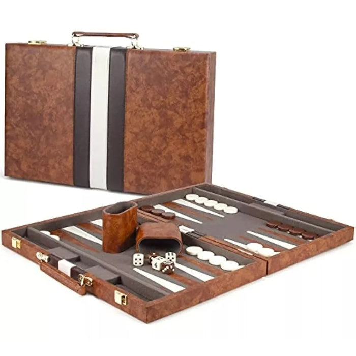 38cm (15") Backgammon Set – Folding Board with Leather Case, Portable Travel Game, Gift for Strategy Lovers