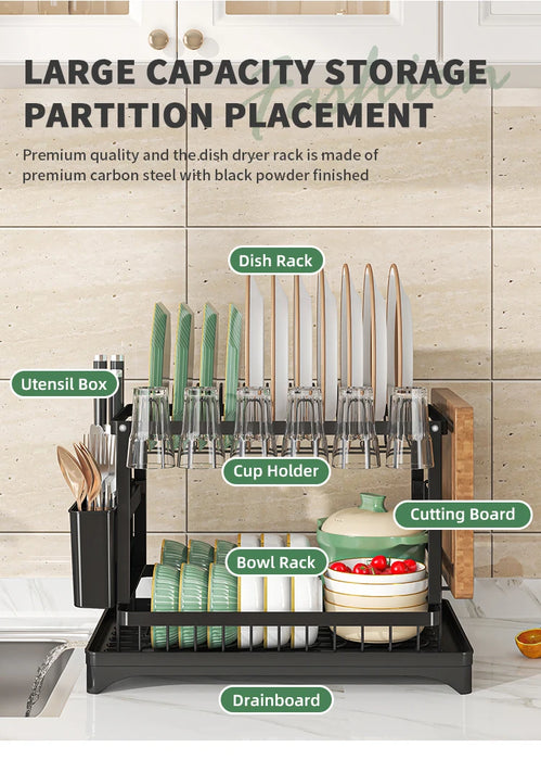 2-Tier Metal Dish Drainer with Draining Spout, Cutlery & Cup Holders