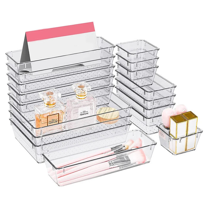 25pc Clear Drawer Organiser Set – PS Plastic Dividers & Storage Bins for Desk, Dresser, Makeup