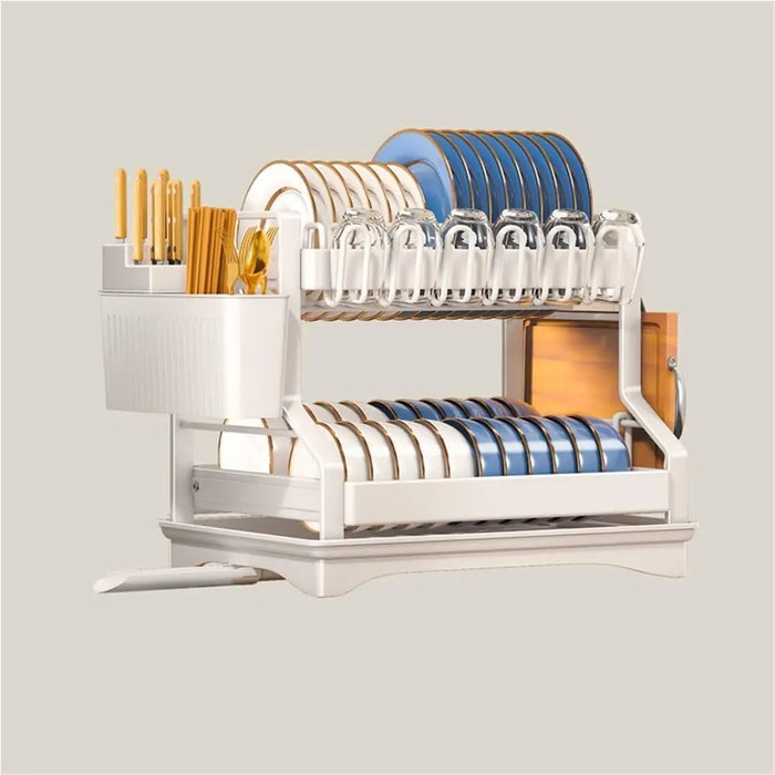 2-Tier Dish Drying Rack with Drainboard and Utensil Holder — Carbon Steel