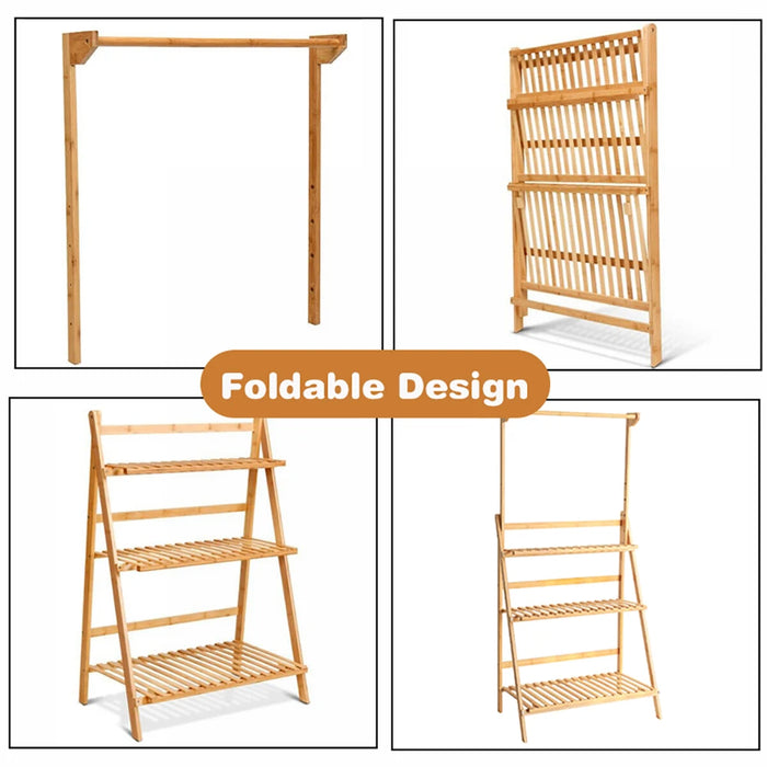 3-Tier Foldable Wooden Ladder Plant Stand with Adjustable Hanging Bar for Home & Outdoor