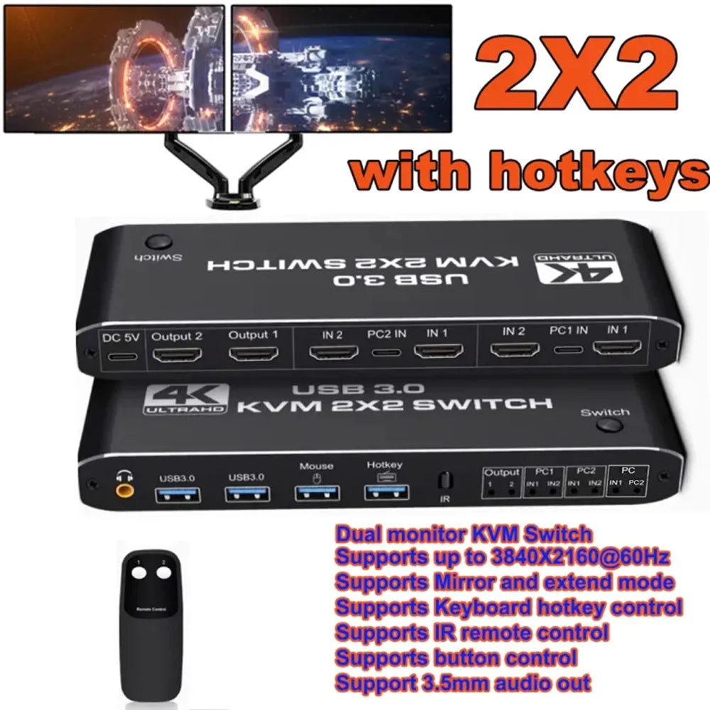 Dual Monitor USB3.0 KVM Switch 2 in 2 out 4K 60Hz 2x2 Mixed Display 2 Monitors 2 Computer for Laptop HDMI-Compatible KVM Switch