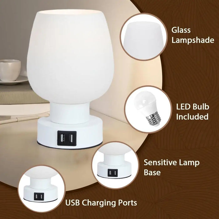 Modern Touch Control LED Desk Lamp - Dimmable, Flicker Free, White Glass Shade Night Light - Perfect for Easy Bedside Illumination