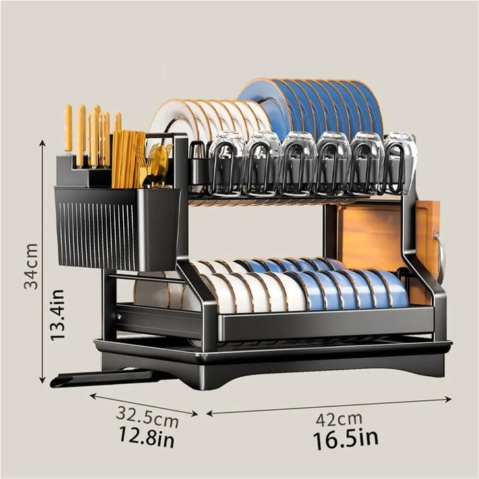 2-Tier Dish Drying Rack with Drainboard and Utensil Holder — Carbon Steel