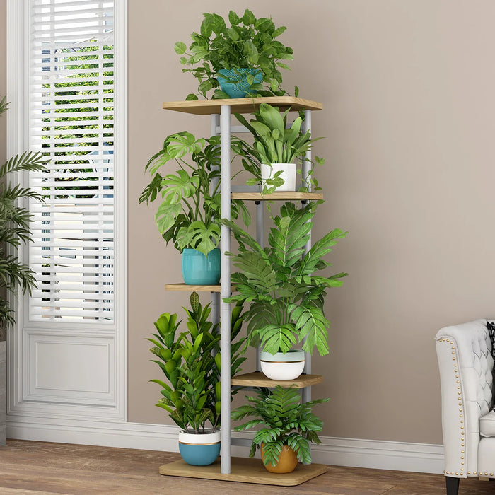 Tall 5-Tier Corner Plant Stand – Metal Frame with Reinforced Wooden Shelves