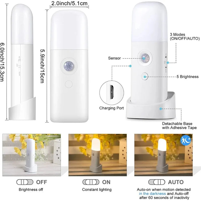 LED Motion Sensor Night Light USB Rechargeable - Dimmable, Portable, Activated Night Lamp for Kids Room, Bedroom, Hallway - Ideal Lighting Solution for Children's Safety and Comfort