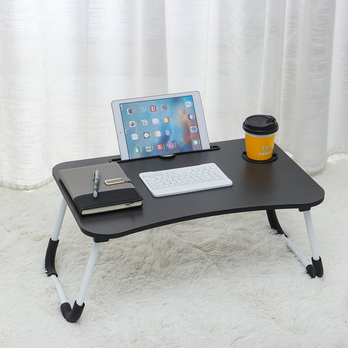 Folding Wooden Bed Desk - Multifunctional MacBook Table with Pen Cup Slot and Storage Drawer - Ideal for Lazy Leisurely Desk Usage