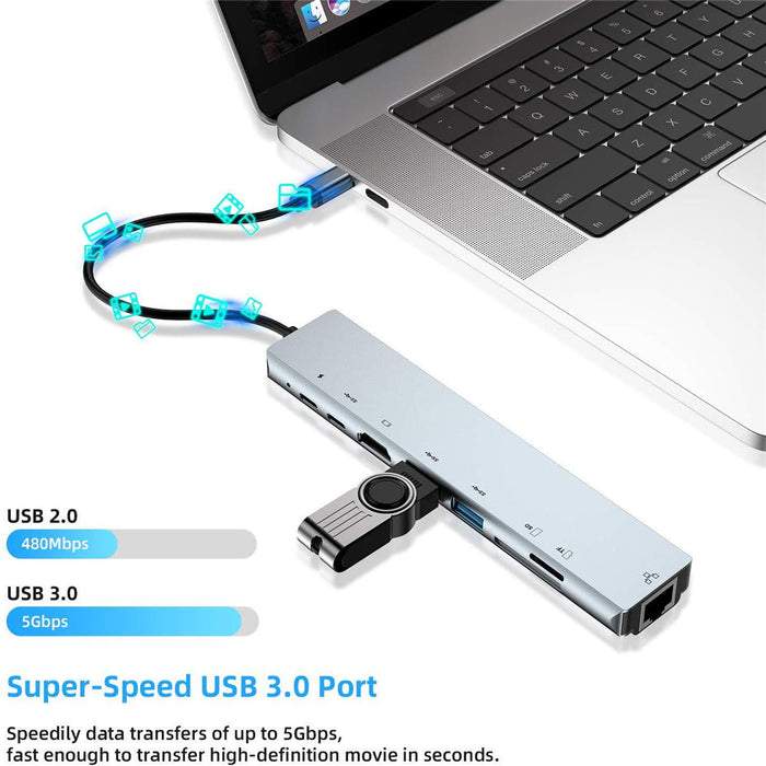 Bakeey PB-C7366 - 8-in-1 USB-C Hub Docking Station with 4K HDMI, 87W PD3.0 Power Delivery, USB-C Data Transfer, Dual USB 3.0, RJ45 Ethernet & Memory Card Readers - Ideal for Laptops & Workstations